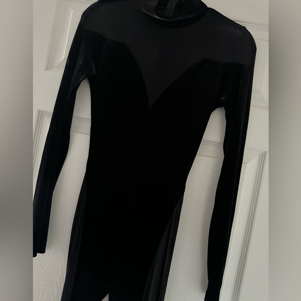 Velour mesh black zip up jumpsuit/ leotard